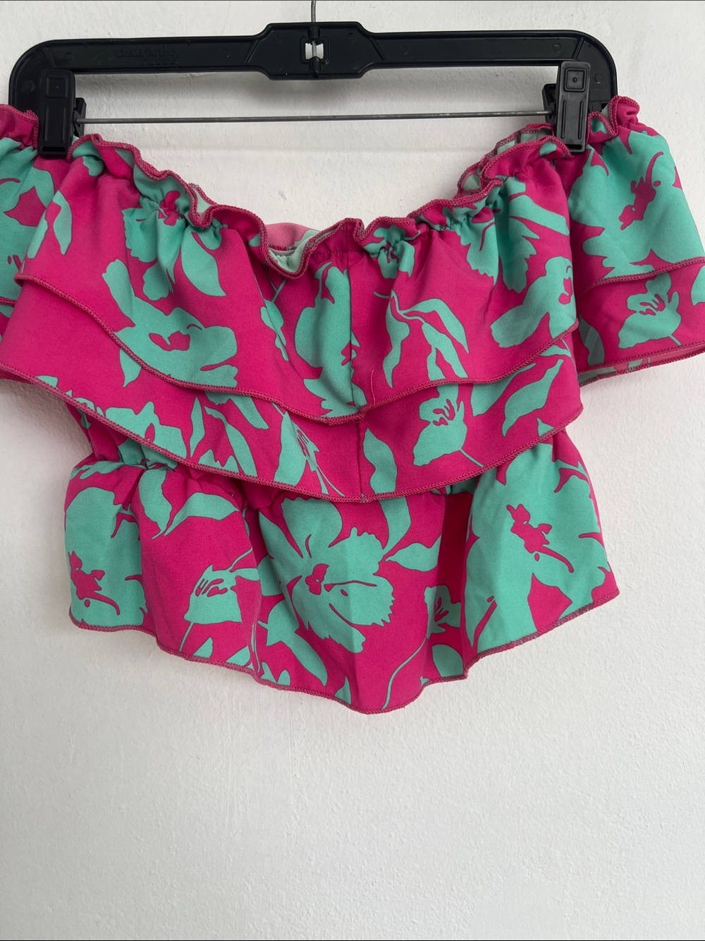 Off-Shoulder Floral Ruffle Crop Top in Pink & Mint - Picture 3 of 4